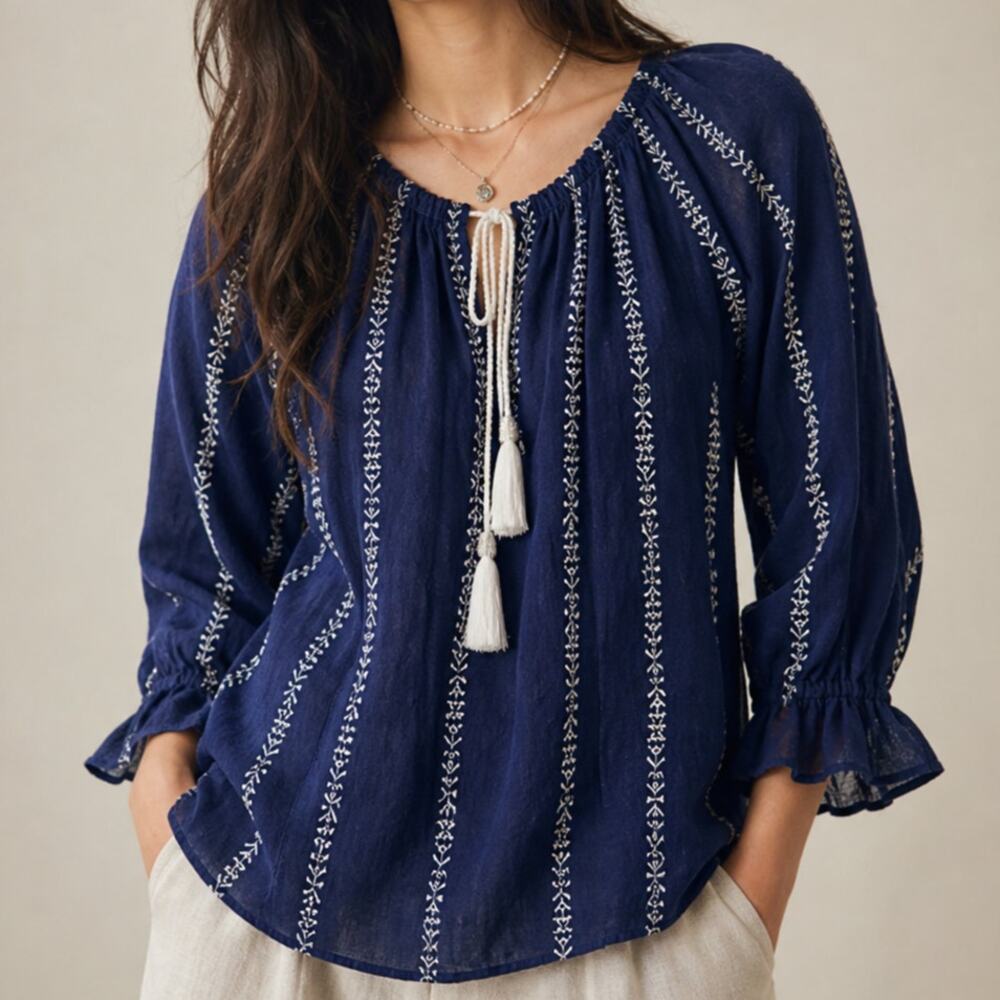 Fate Navy Embroidered Peasant Blouse M Whimsygoth Boho Tassel Ruffle Sleeve